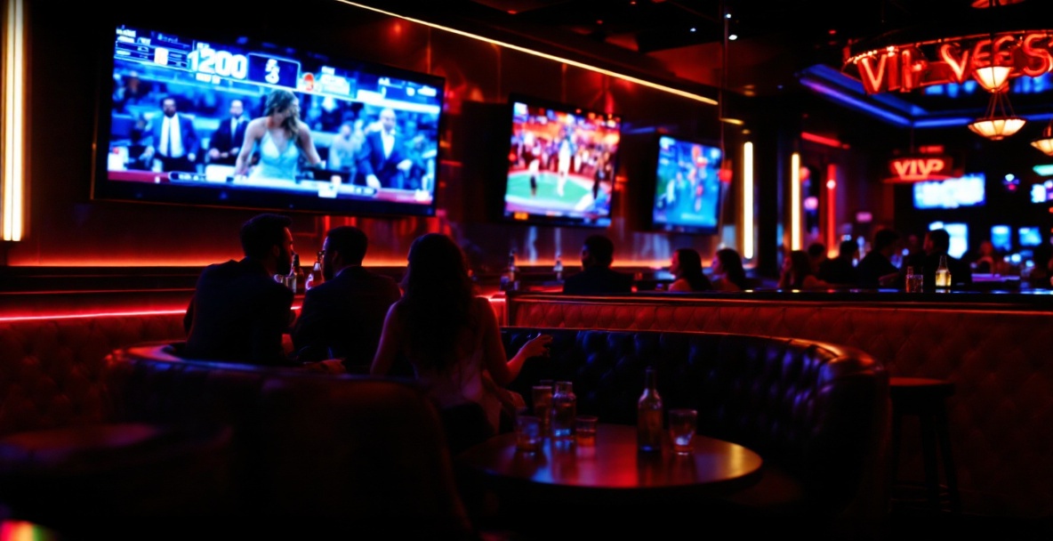 Interior VIP booth at a Las Vegas sports-bar/nightclub hybrid with neon lighting, large TVs, and bottle service on the table