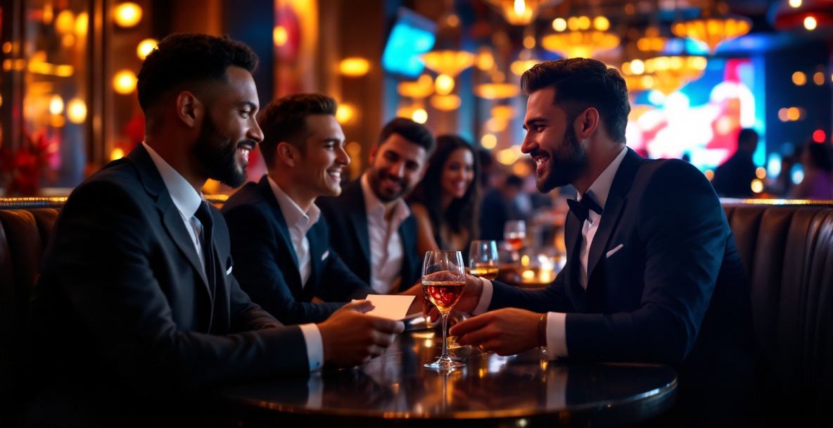 VIP host shaking hands with a group at a nightclub table