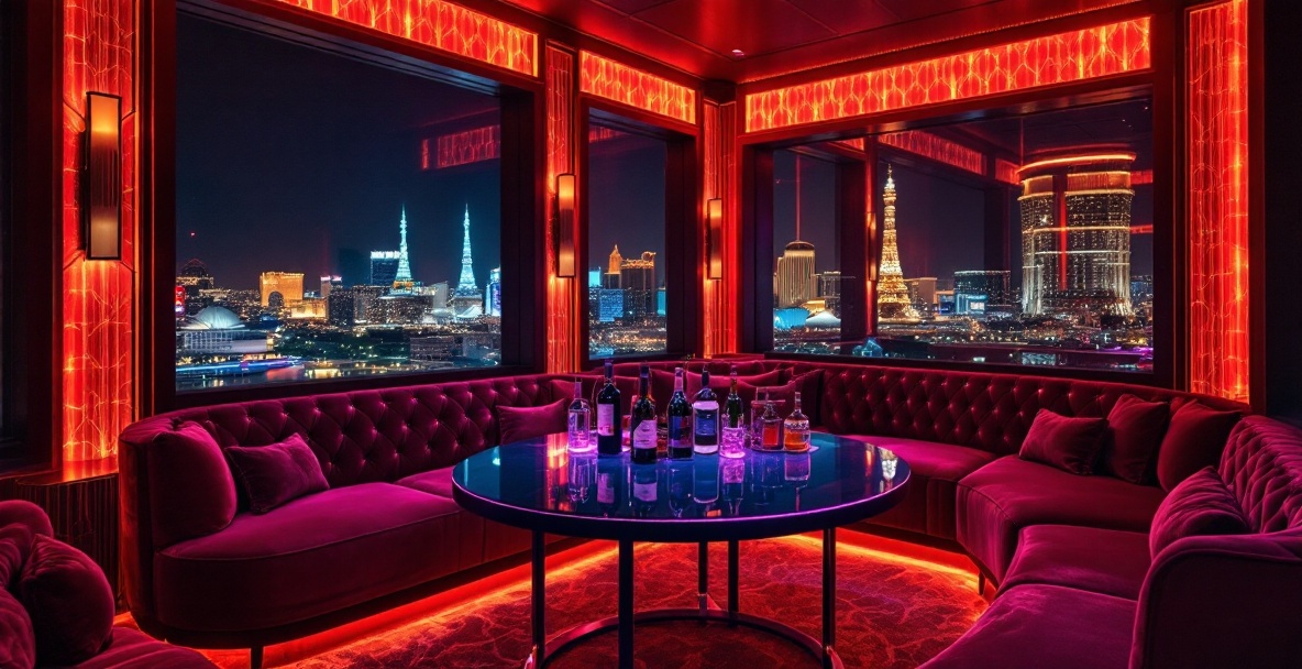 Private lounge in a Las Vegas nightclub with velvet seating and a VIP table