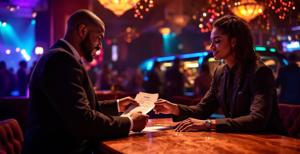 VIP table handoff at a Las Vegas nightclub with hosts coordinating near valet and a party bus outside