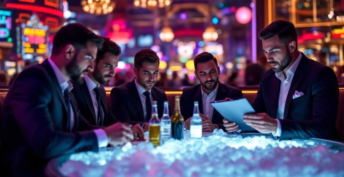 VIP table at a Las Vegas nightclub with servers setting bottles and a host confirming details with a group