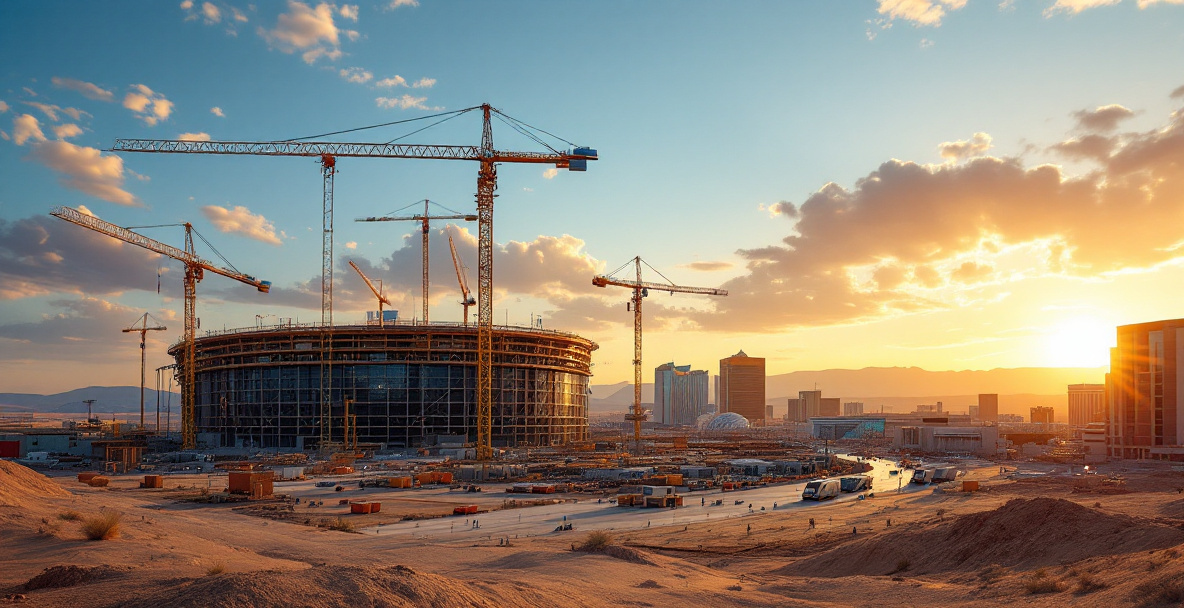 Construction site of the new Athletics Las Vegas stadium with Las Vegas Strip in the background