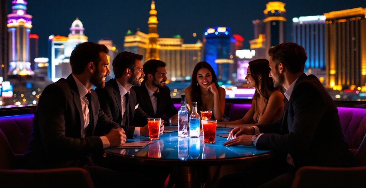 Professionals at a private bottle-service table on the Las Vegas Strip at night