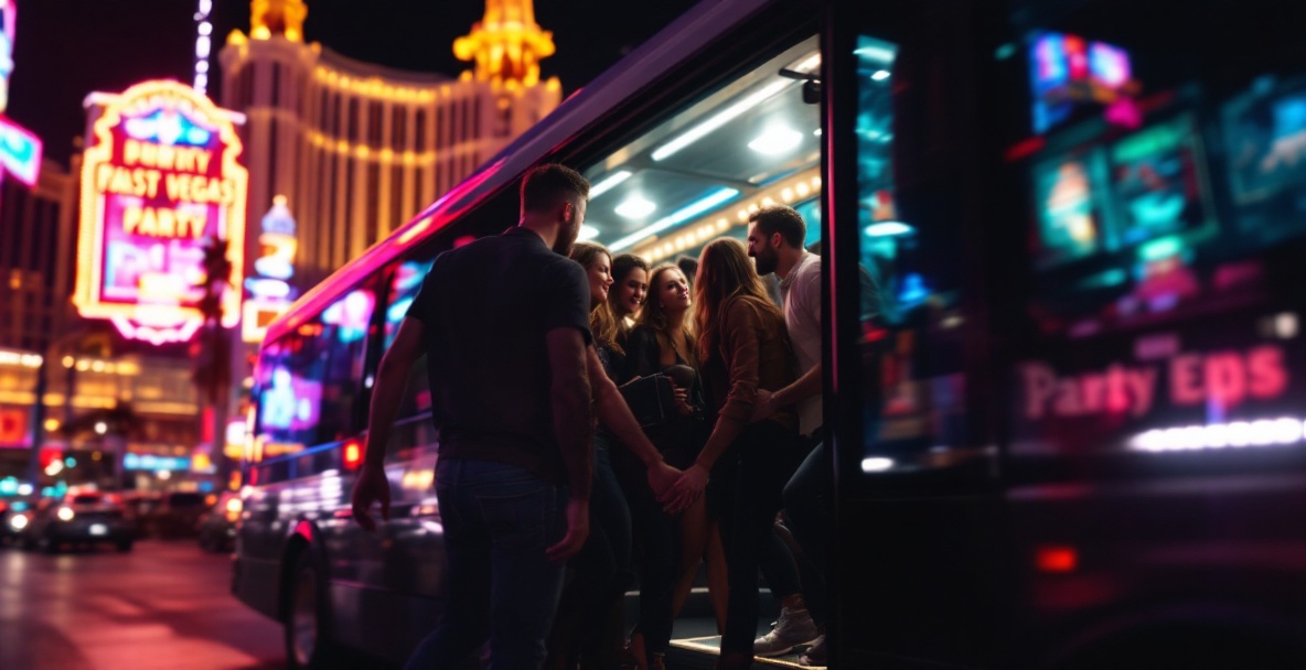 Group boarding a party bus at night on the Las Vegas Strip with neon lights