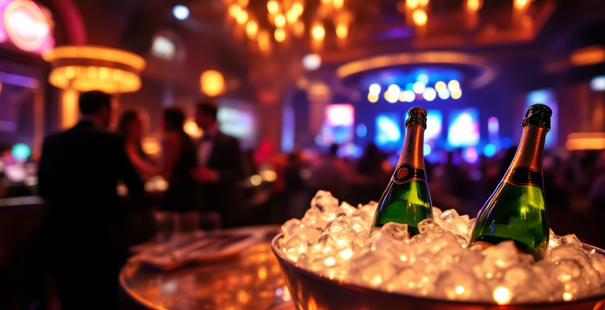 VIP table in a Las Vegas nightclub with champagne, reserved sign, and city lights in background