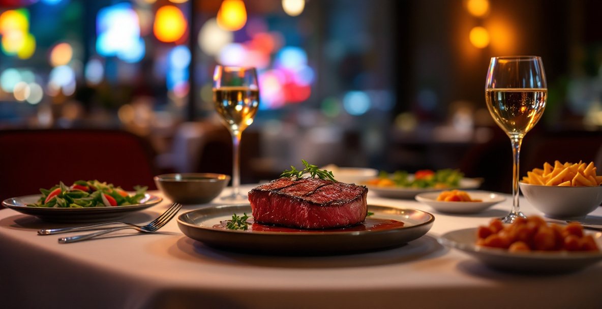 Friends enjoying steakhouse dinner at a stylish Las Vegas restaurant before nightlife