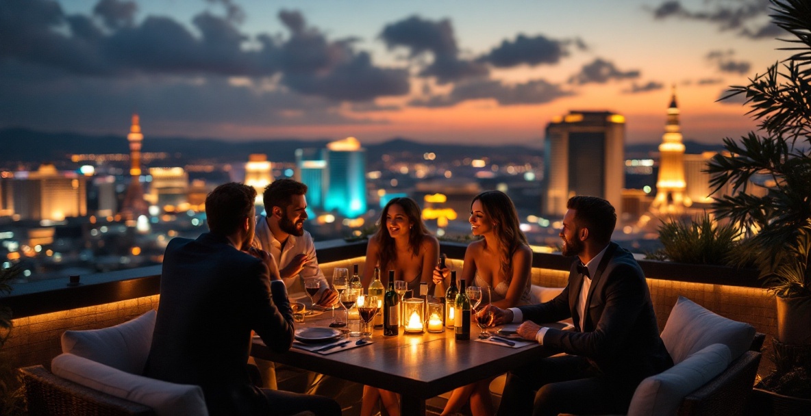 Las Vegas rooftop lounge at dusk with skyline view and a VIP table