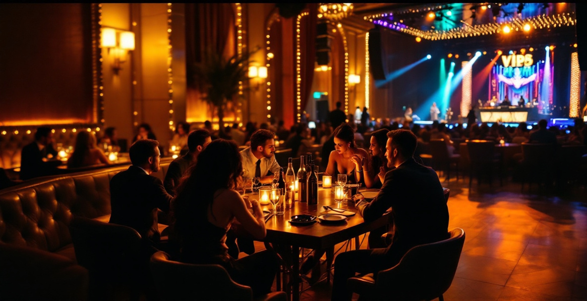 VIP table with banquette and DJ booth in Las Vegas nightclub