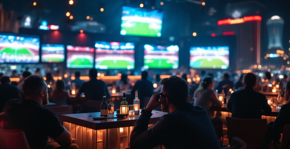 VIP lounge in Las Vegas with multiple large screens showing a live sports game, groups at tables, evening lighting