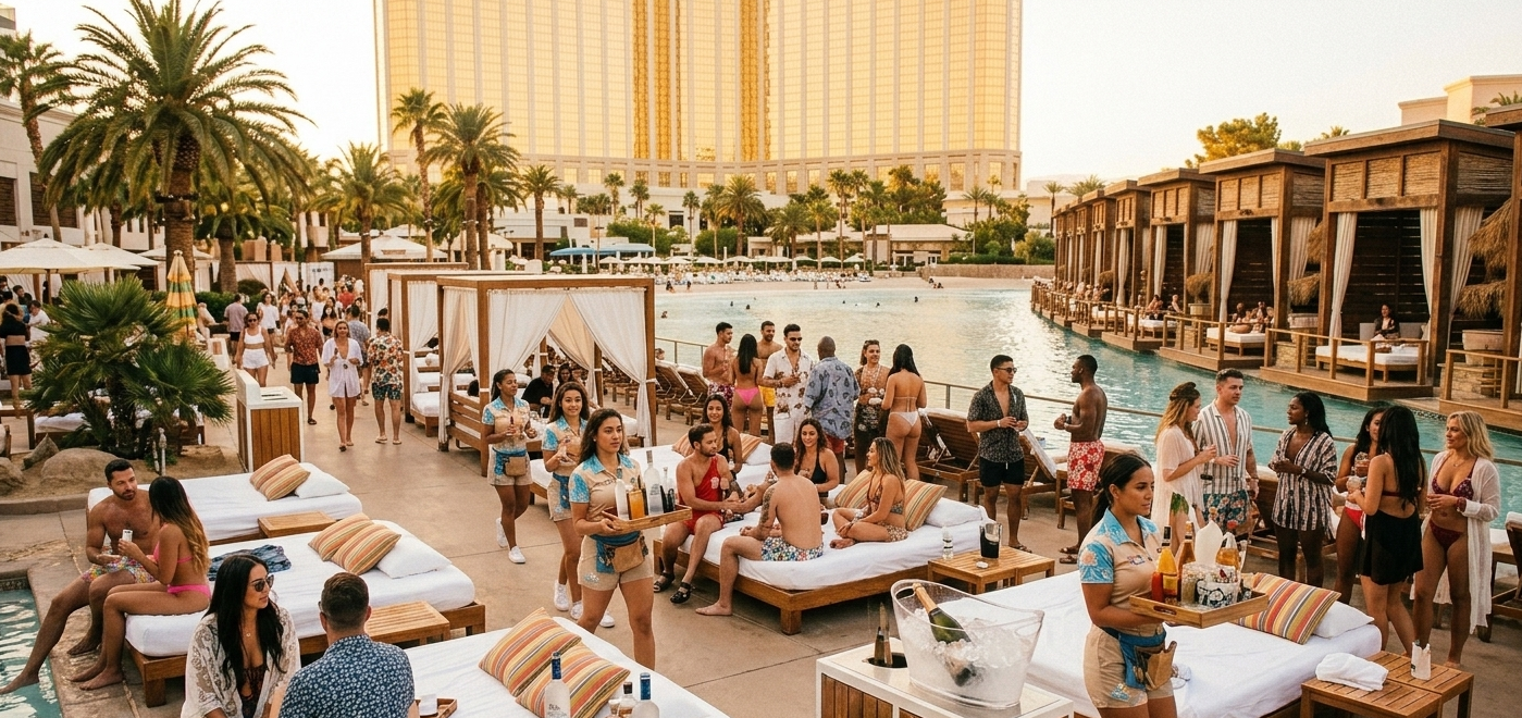 Tailgate Beach Club daybeds and cabanas near Mandalay Bay with groups enjoying a sunny dayclub scene