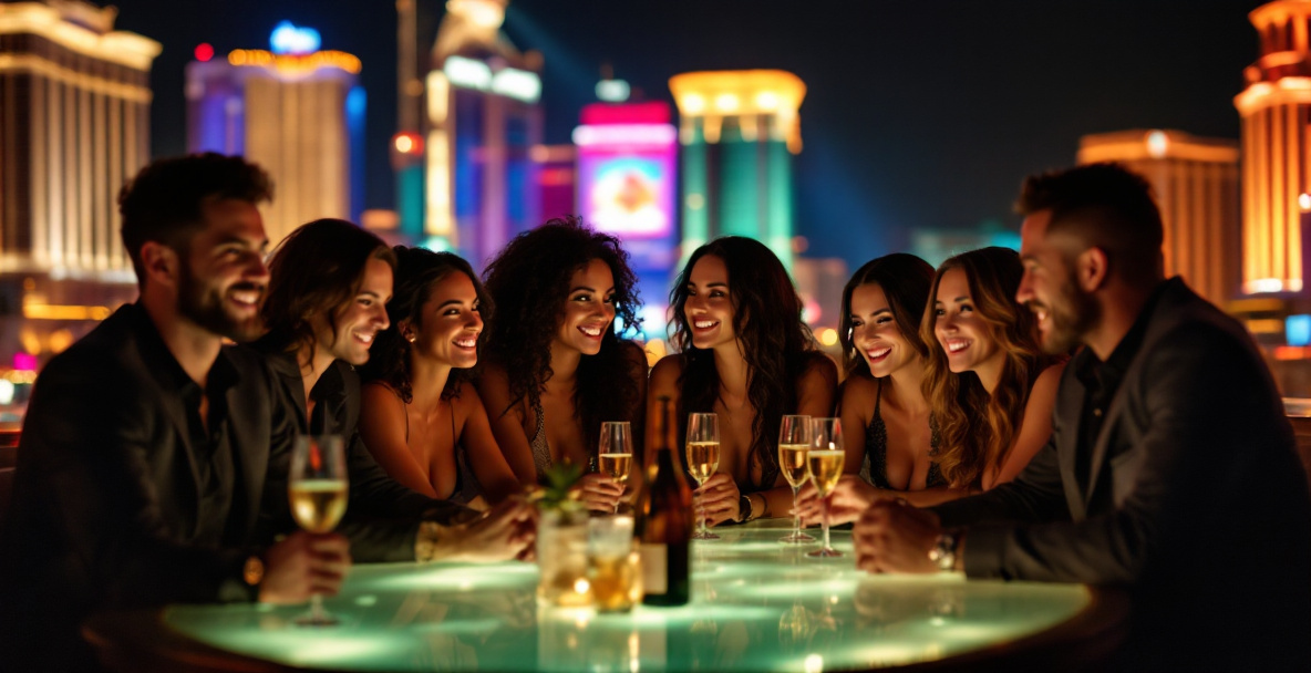 Well-dressed VIP group standing by a reserved nightclub table with bottles, soft warm lighting, and a visible city skyline in the distance.